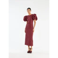 Burgundy Jacquard Midi Puffy Dress