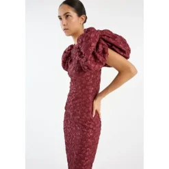 Burgundy Jacquard Midi Puffy Dress