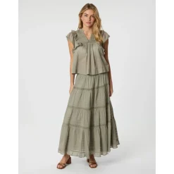Smoke Green Voile Maxi Skirt with Lace Details